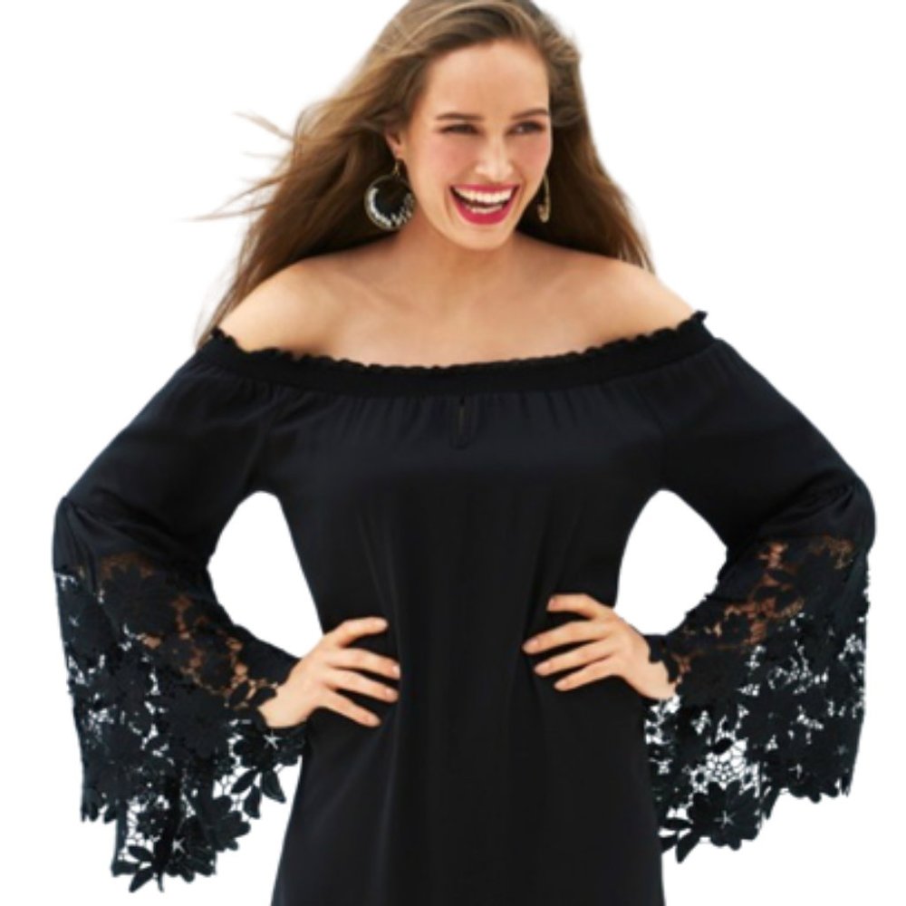 Joseph Ribkoff Guipure Bell Sleeve Women's X-Small Lace Trim A-Line Black Dress - Picture 3 of 15
